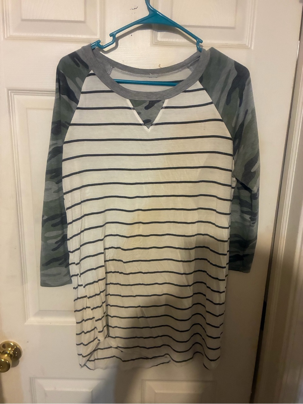 Camo Raglan Striped  Top - Green/White